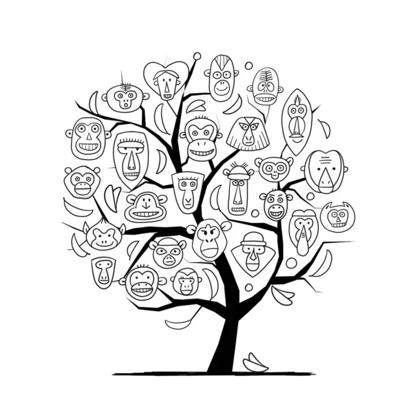 Семейное дерево обезьян. Эскиз для вашего дизайна. Детский стиль — стоковый вектор