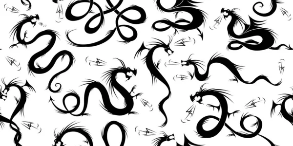 Dragones. Siluetas de tatuaje negro, patrón sin costuras para su diseño — Vector de stock