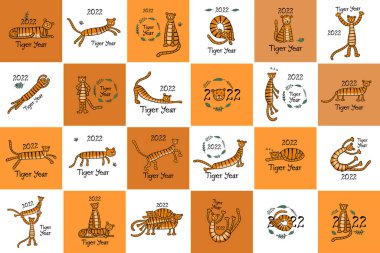 Tigers Ailesi 'nin kart koleksiyonu, hayvan karakterleri. 2022 yılının sembolü. Noel kartı, afiş, poster, bayram dekorasyonu için tasarım şablonu