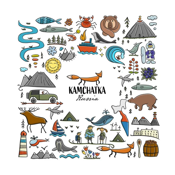 Viaje para a Península Kamchatka. Eurásia, Extremo Oriente Russo. Natureza selvagem e animais. — Vetor de Stock