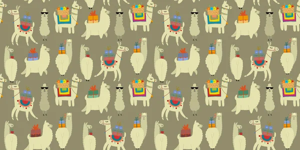 Carino il personaggio degli alpaca. Divertenti lama famiglia con bagagli. Modello senza cuciture per il tuo design — Vettoriale Stock