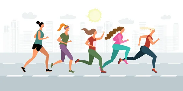 一群在城里跑步的女运动员 — 图库矢量图片