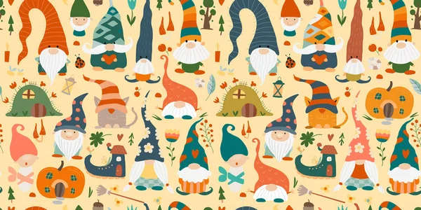 Garden gnomes family. Fairytale characters. Seamless pattern background — Stock Vector