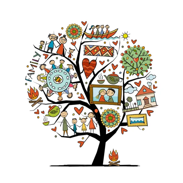Vida familiar. Concept Tree. Padres y abuelos. Casa de familia. Boceto para su diseño — Archivo Imágenes Vectoriales