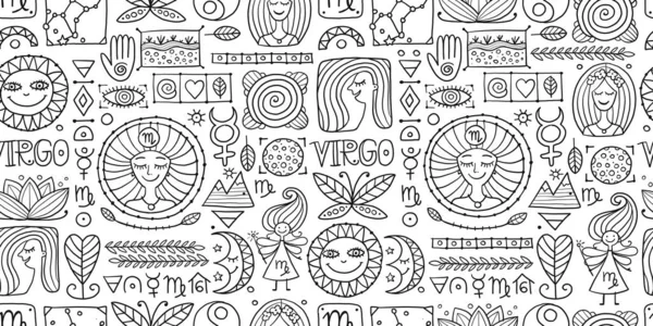 Virgo Zodiac Sign. Seamless pattern with design elements — Stock Vector