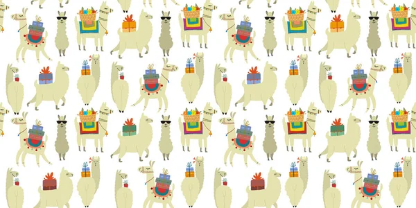 Симпатичный персонаж альпаки. Забавная семья ламы с багажом. Бесшовный узор для Вашего дизайна — стоковый вектор