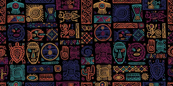 メキシコの民族的な装飾。あなたのデザインのための手作りシームレスパターン。部族のタトス要素 — ストックベクタ