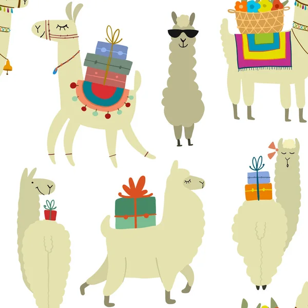 Carino il personaggio degli alpaca. Divertenti lama famiglia con bagagli. Modello senza cuciture per il tuo design — Vettoriale Stock