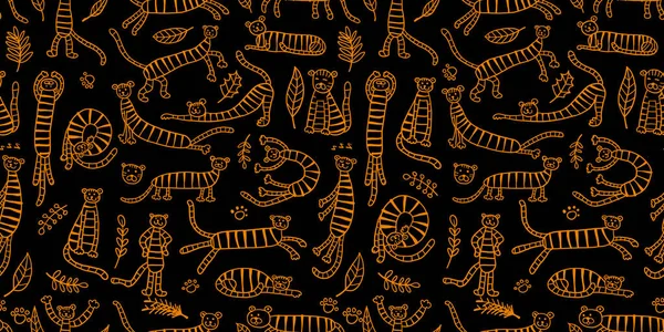 Verzameling van tijgers en tropische bladeren. Naadloos patroon voor uw ontwerp — Stockvector
