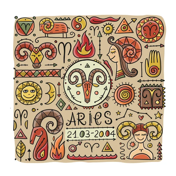 Ilustración del signo zodiacal de Aries. Elemento de Fuego. Diseño de Calendario de Astrología, Horóscopo, Imprimir. — Archivo Imágenes Vectoriales