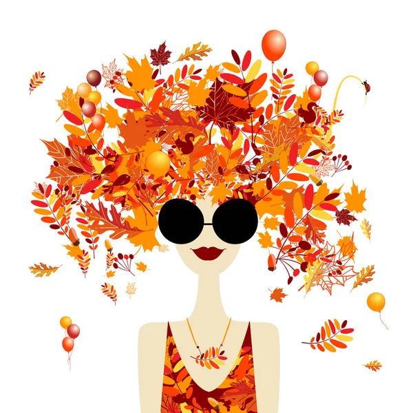 Concept d'automne. Portrait féminin aux feuilles d'automne, jolie femme aux lunettes de soleil. Conception de cartes de mode, bannières, affiches — Image vectorielle