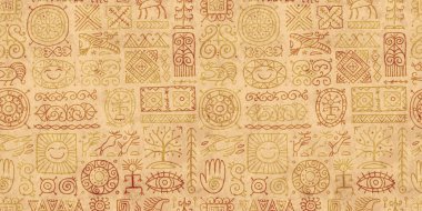 Etnik el yapımı süs, Folk Vintage Sembolleri. Dizaynınız için Grunge Kusursuz Deseni