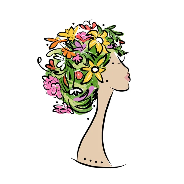 Female profile with floral hairstyle for your design — Stock Vector