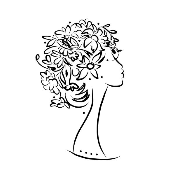 Female profile with floral hairstyle for your design — Stock Vector