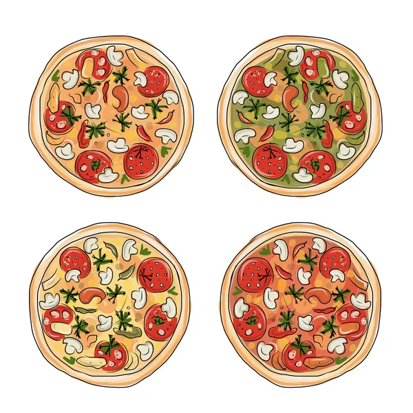 Pizza con tomate y champiñones, boceto para tu diseño — Archivo Imágenes Vectoriales