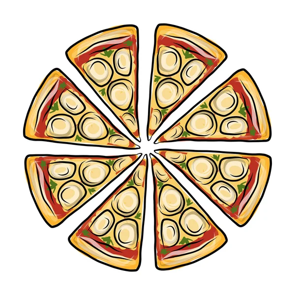 Potongan pizza, sketsa untuk desain Anda - Stok Vektor