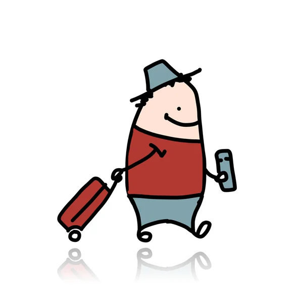 Man with suitcase and ticket, cartoon — Stock Vector
