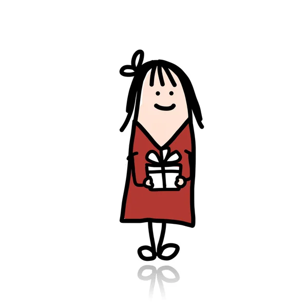 Linda chica con caja de regalo, dibujos animados para su diseño — Vector de stock