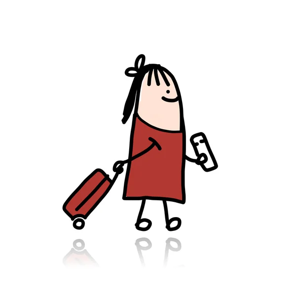 Mujer con maleta y entrada, dibujos animados — Vector de stock