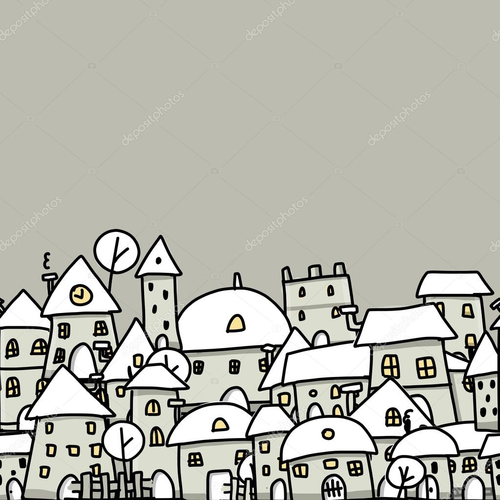 Winter city sketch, seamless pattern for your design