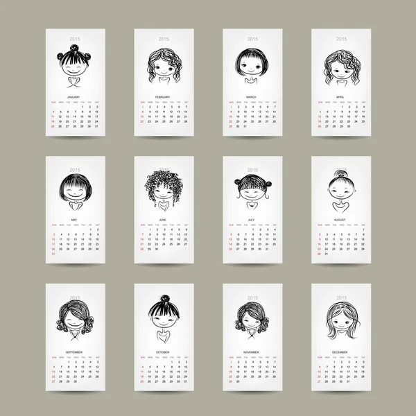 Grille de calendrier 2015, design de filles mignonnes — Image vectorielle