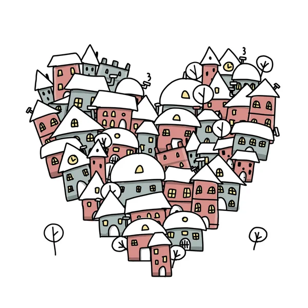 Winter city of love, heart shape sketch for your design — Stock Vector