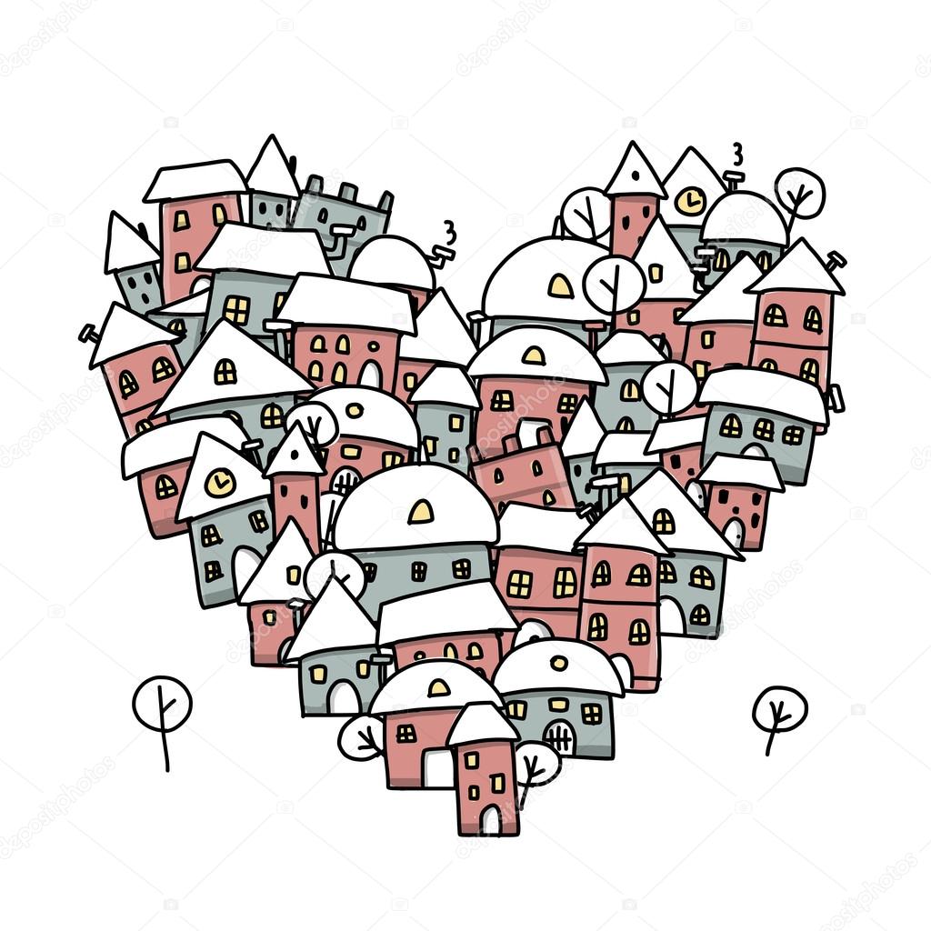 Winter city of love, heart shape sketch for your design