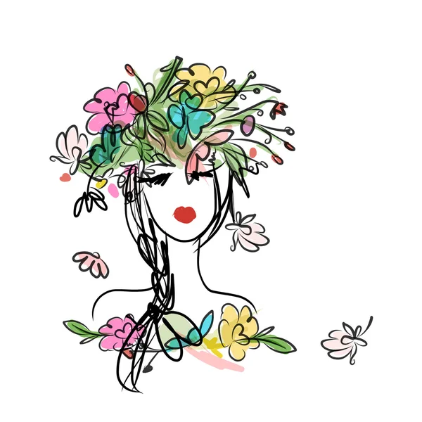 Žena portrét s květinovým účesem pro váš design — Stockový vektor