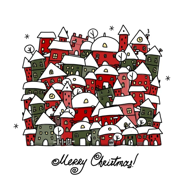 Cartão de Natal com esboço da cidade de inverno para o seu design —  Vetores de Stock