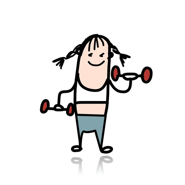 Ragazza con manubri che fanno esercizi, personaggio dei cartoni animati — Vettoriale Stock