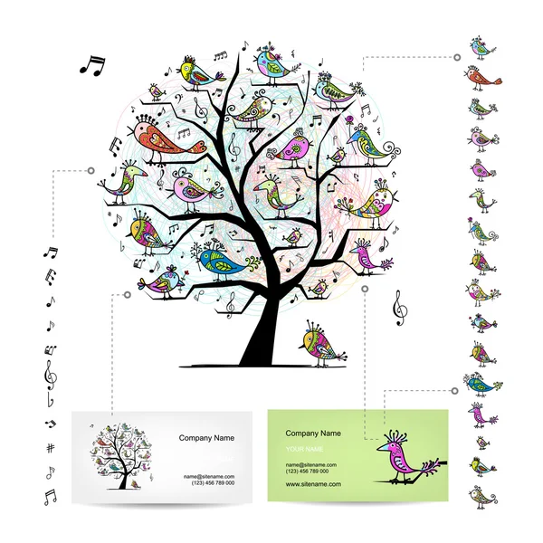 Arbre infographique avec des oiseaux drôles. Facile à modifier pour les cartes de visite — Image vectorielle