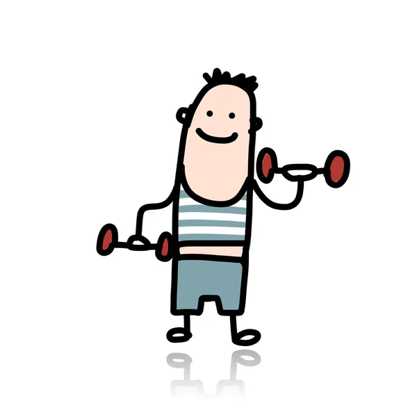 Человек с гантелями делает упражнения, персонаж мультфильма — стоковый вектор