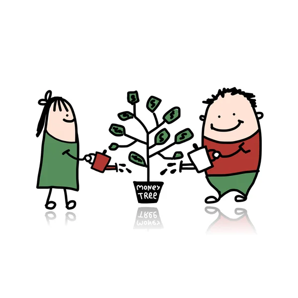 Pareja regando un árbol de dinero — Vector de stock