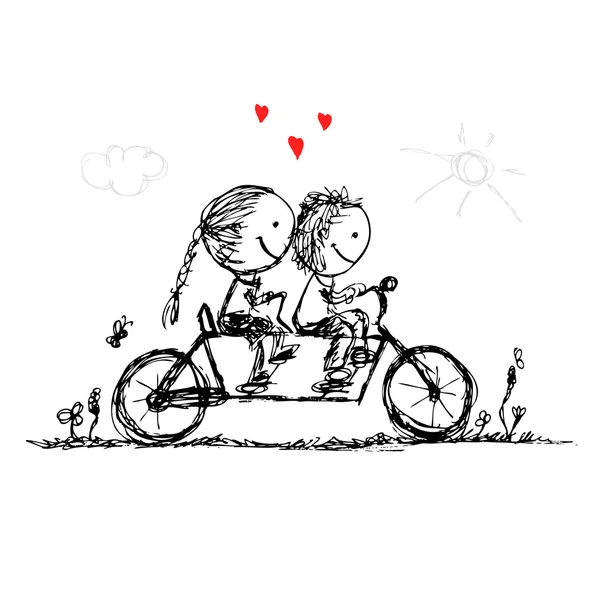 Pareja de ciclismo juntos, esbozo de San Valentín para su diseño — Vector de stock