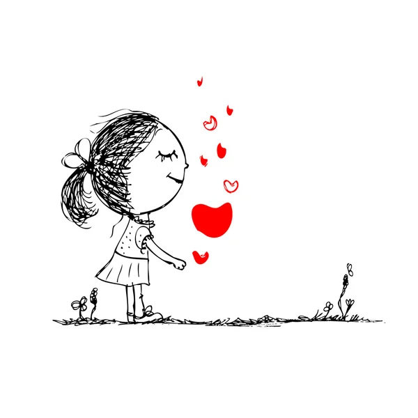 Dívka s červeným srdcem, valentine karty skica pro návrh — Stockový vektor