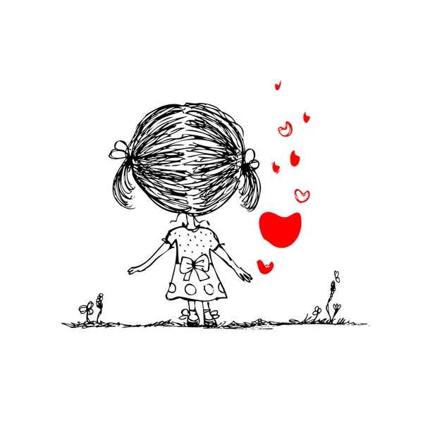 Fille avec coeur rouge, croquis de carte de Saint-Valentin pour votre conception — Image vectorielle