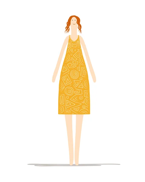 Mulher bonita em vestido amarelo, esboço para o seu design —  Vetores de Stock