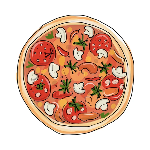 Pizza med tomat och svamp, skiss för din design — Stock vektor