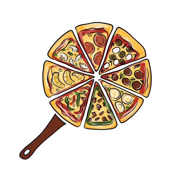 Sartén con trozos de pizza, boceto para su diseño — Archivo Imágenes Vectoriales