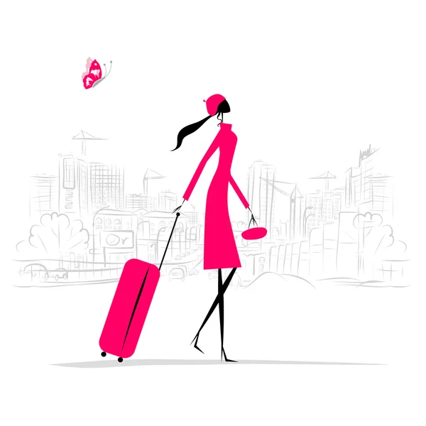 Fashion woman with suitcase, cityscape background — Stock Vector