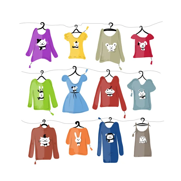 Set of clothes on hangers with funny animal design — Stock Vector