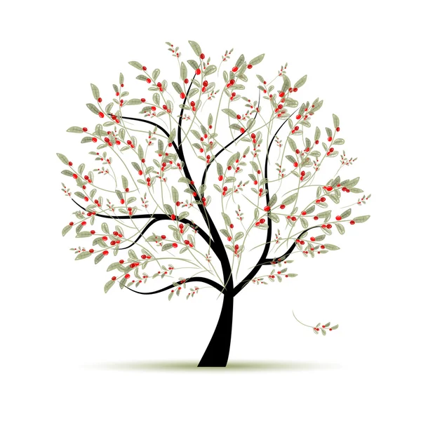 Árbol verde con bayas rojas para su diseño — Vector de stock