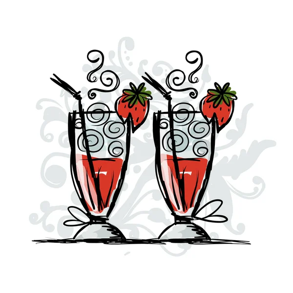 Cocktails with strawberry, sketch for your design — Stock Vector