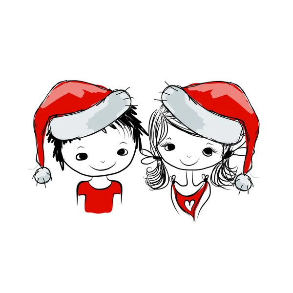 Santa girl and boy, sketch for your design — Stock Vector