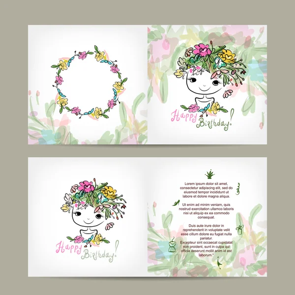 Design floral cartão postal com esboço bonito menina —  Vetores de Stock