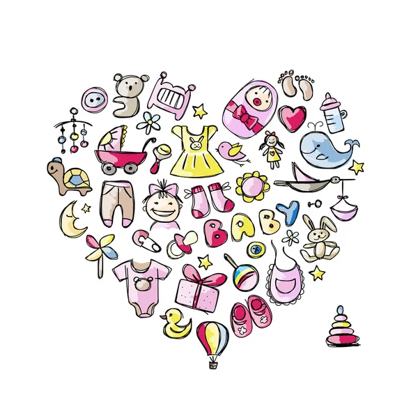 Conception de forme de coeur avec des jouets pour bébé fille — Image vectorielle