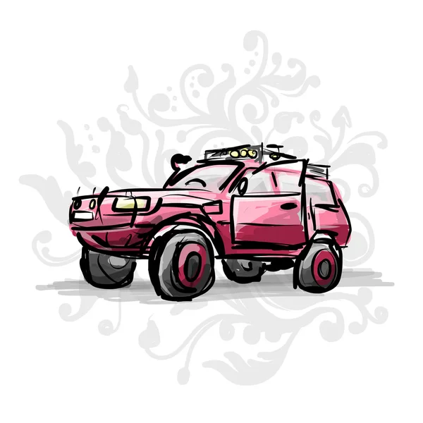 Female pink jeep, sketch for your design — Stock Vector