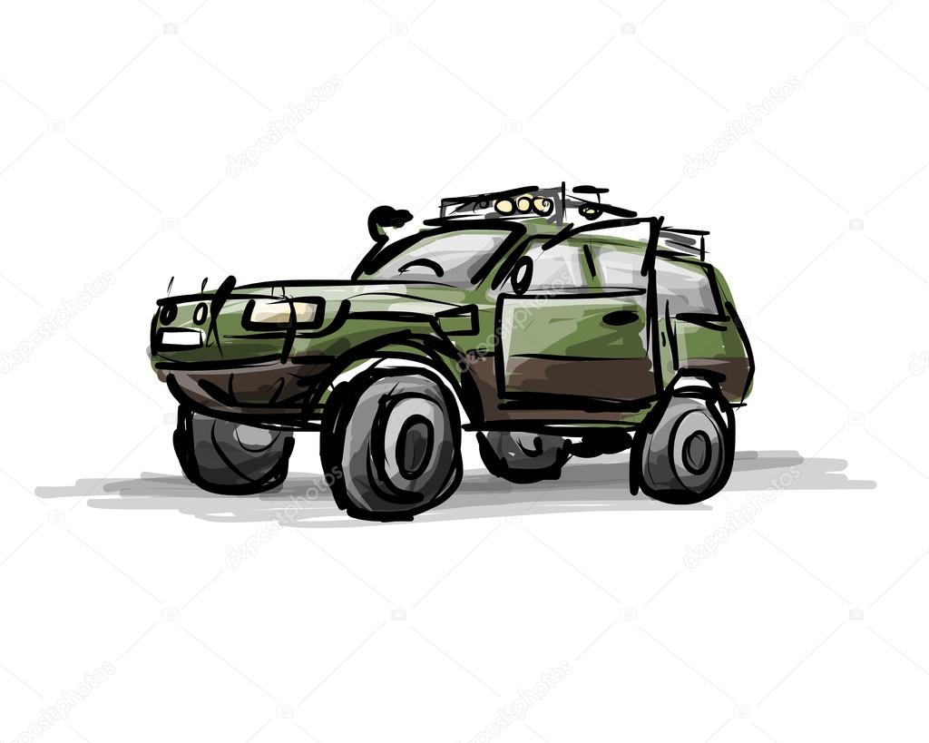 Tuned jeep, sketch for your design. Vector illustration