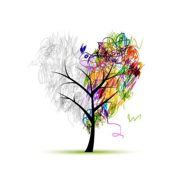 Arbre de forme de coeur, dessin au crayon pour votre conception — Image vectorielle