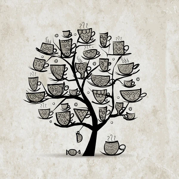 Art boom met mokken en cups. Schets voor uw ontwerp — Stockvector